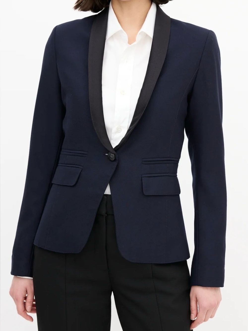SMYTHE Duchess Satin Shawl Lapel Tuxedo Style Blazer Navy Blue Size 4